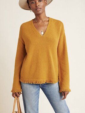 Anthropologie Joy Fringe Hem V-Neck Soft Jumper Sweater Size: S / Color: Mustard